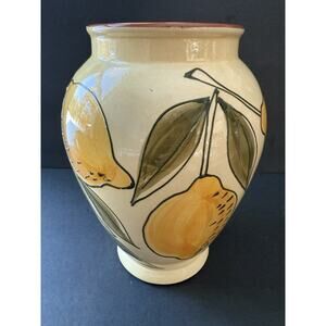 Vintage Handpainted Pottery Vase Vessel Lemons PearsTerracotta Portugal Artisan